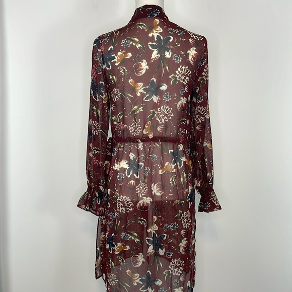 Zara Basic Maroon Floral Semi Sheer Long Cardigan Length Blouse. Size XS - Picture 9 of 16